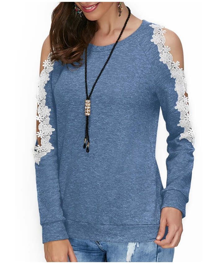 Cold Shoulder Lace Panel Blue Blouse